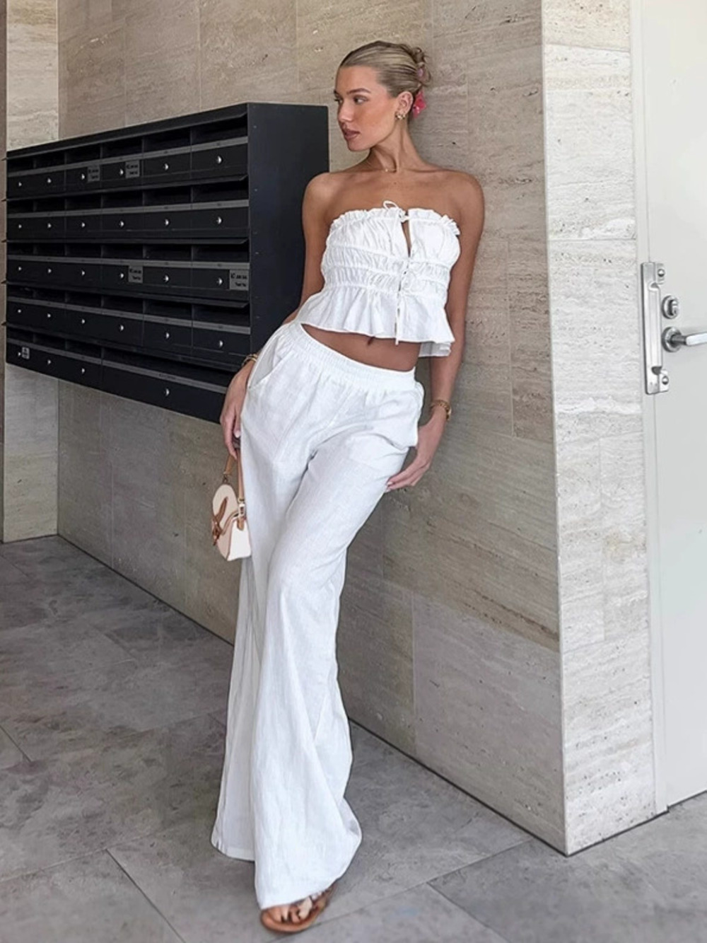 Forever 21 White Cotton Linen Tube Top and Pants 2 Piece Set Summer Casual